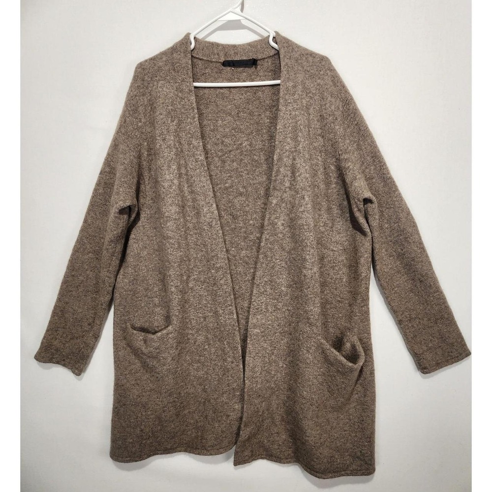 Jenni Kayne Women's 1X Brown Open Front Long Cardigan Sweater Wool Blend Pockets